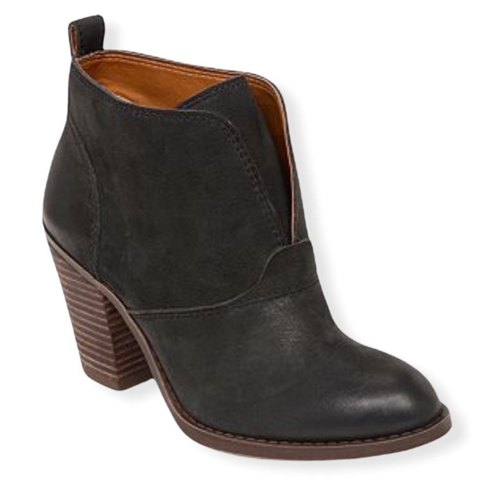 Lucky Brand Ehllen Black Stacked Heel Leather Ankle Booties Size 6.5
